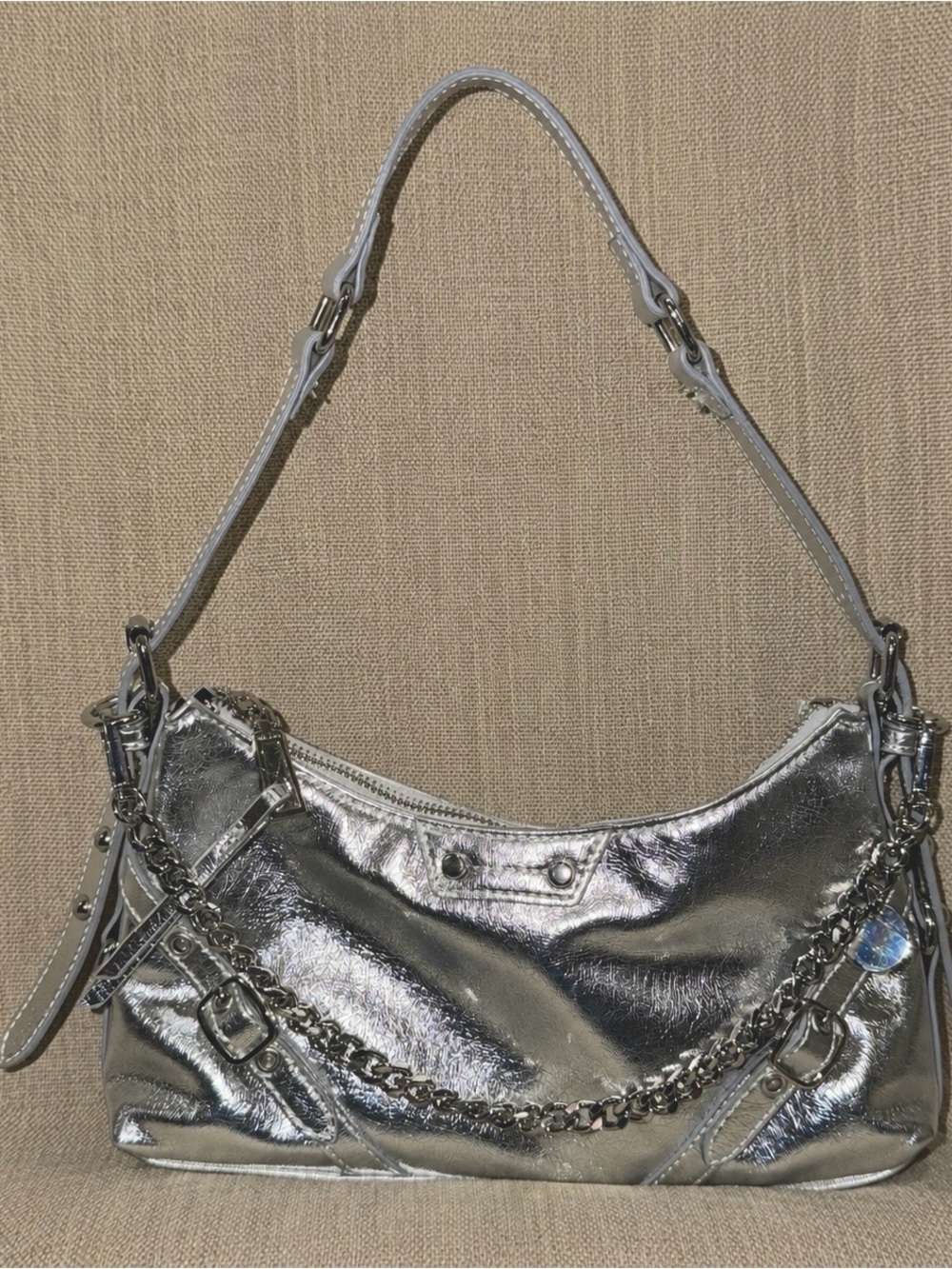 Aldo Shiny Silver Chain-Trim Shoulder Bag